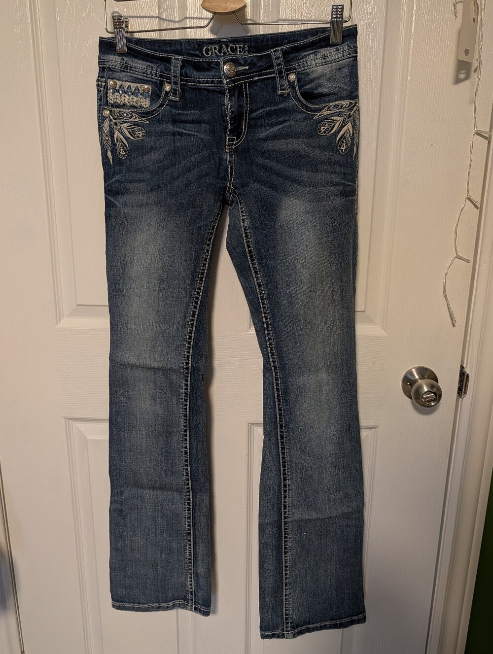 Grace in LA Medium-Dark Blue Embroidered Bootcut Jeans - Ladies